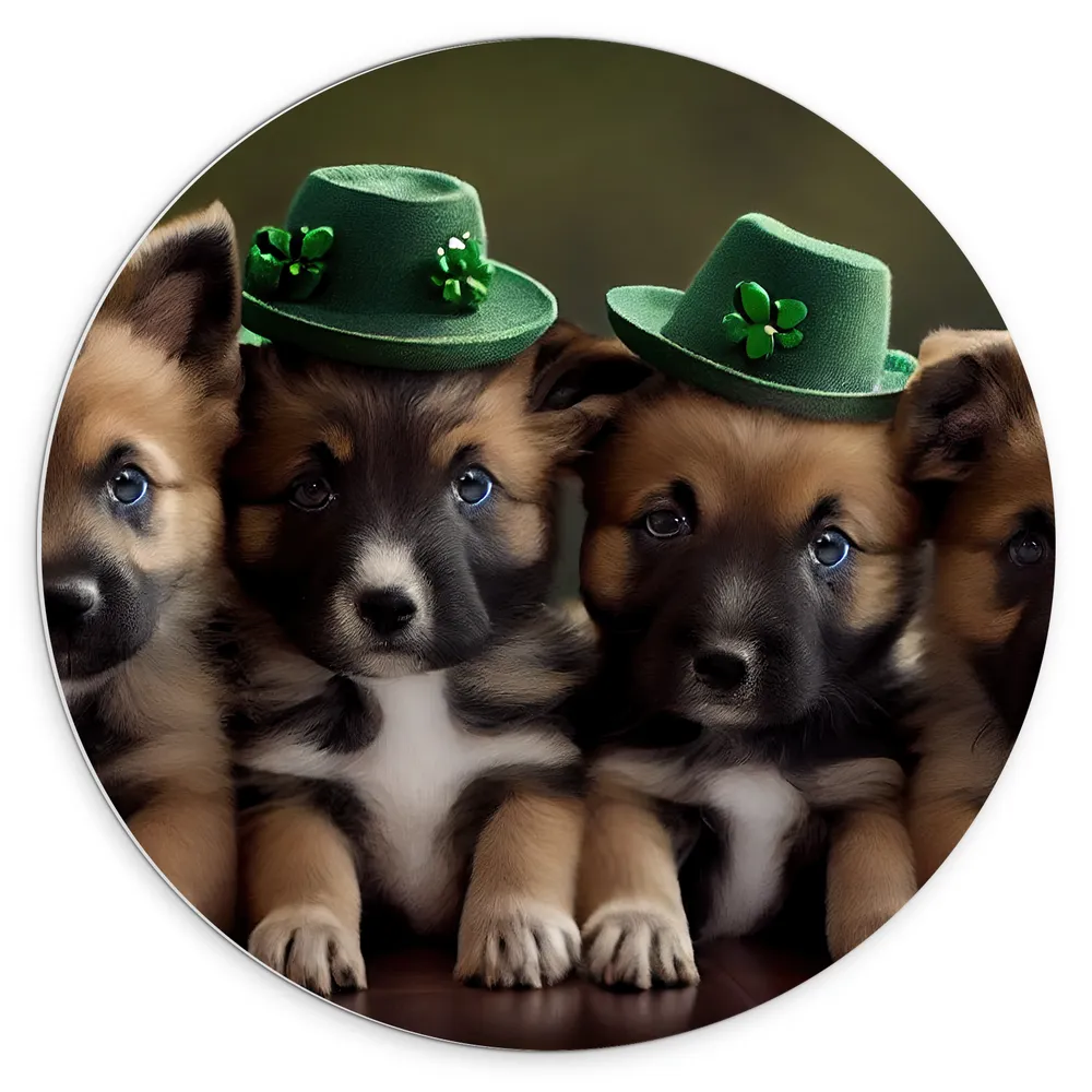 Dibond Muurcirkel - Puppy's met Groene Hoeden