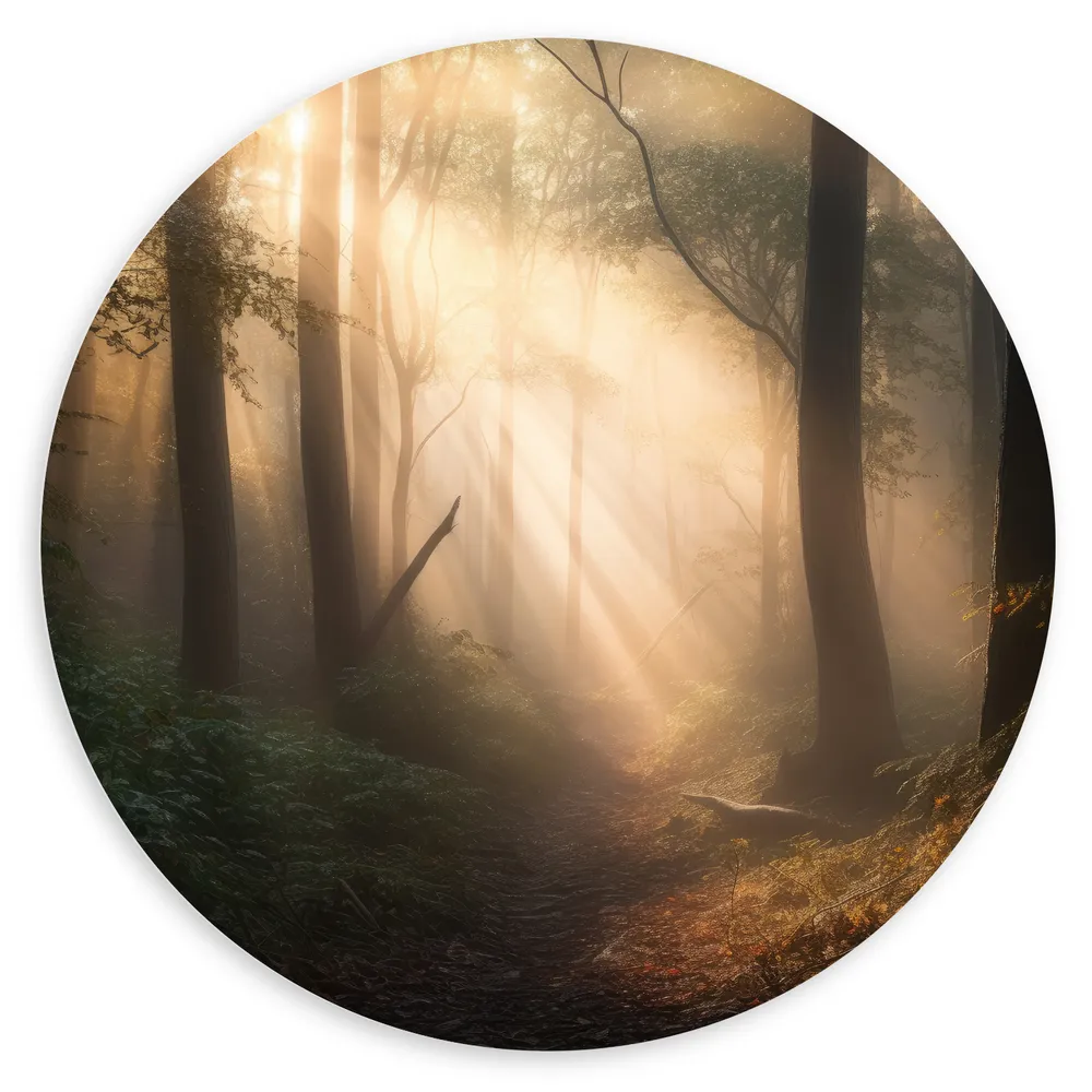 Dibond Muurcirkel - Bomen - Bos - Pad - Zonlicht - Bladeren