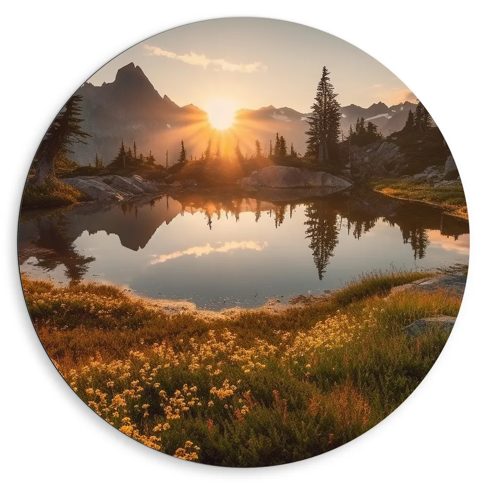 Dibond Muurcirkel - Bergen - Bloemen - Planten - Meer - Water - Zonsondergang