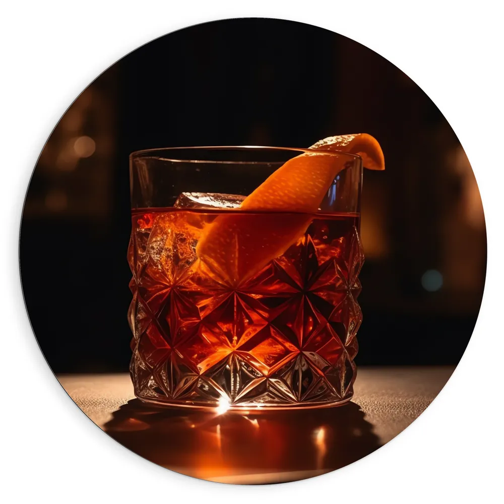 Dibond Muurcirkel - Glas - Drinken - Alcohol - Ijsklontjes - Fruit - Sinaasappel