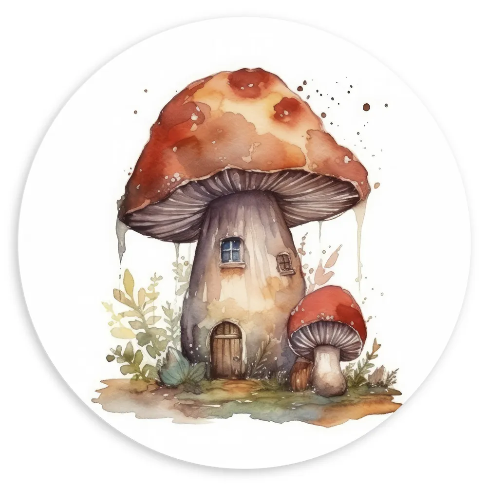 Dibond Muurcirkel - Waterverf Tekening van Paddenstoelen Huisje