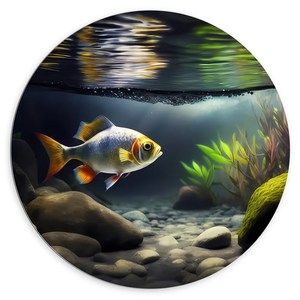 Dibond Muurcirkel - Zilver met Oranjekleurige Vis Zwemmend in Aquarium