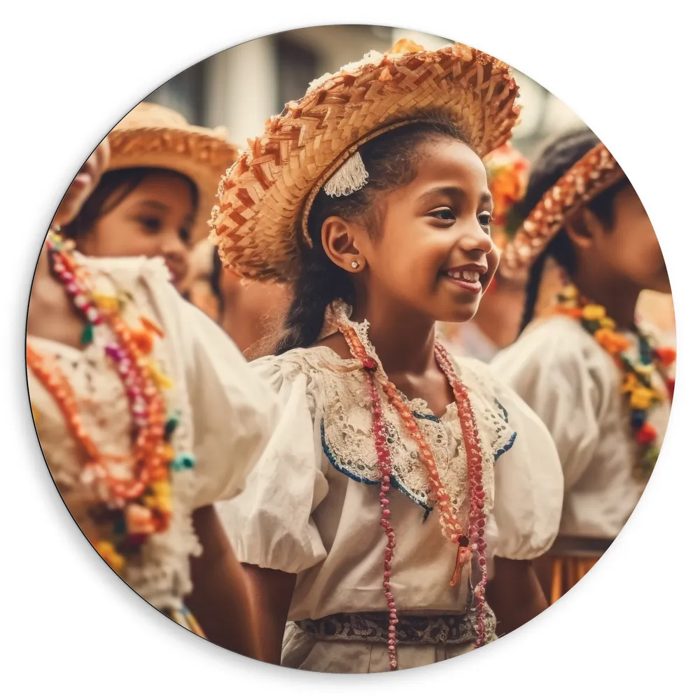 Dibond Muurcirkel - Kinderen - Hoedjes - Jurkjes - Kleuren - Dansen