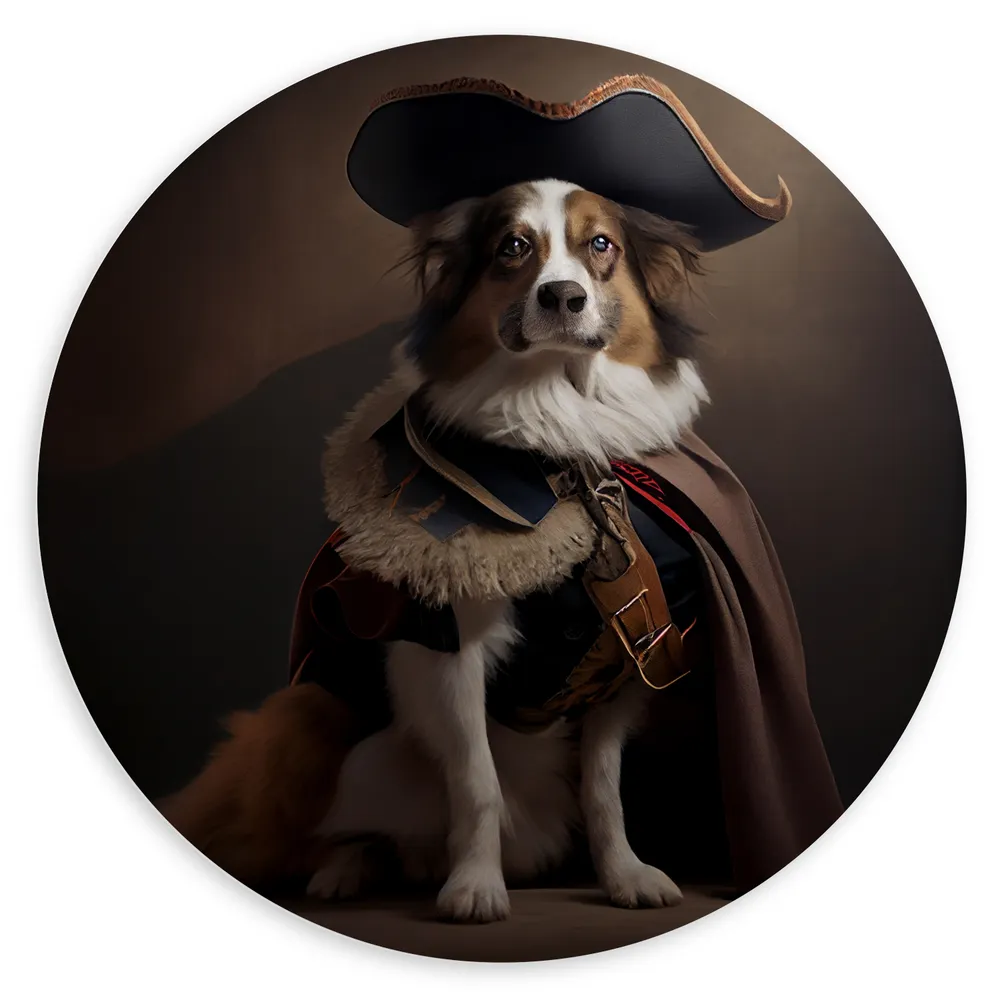 Dibond Muurcirkel - Bruin met Zwarte Hond Verkleerd in Historisch Piraten Pak