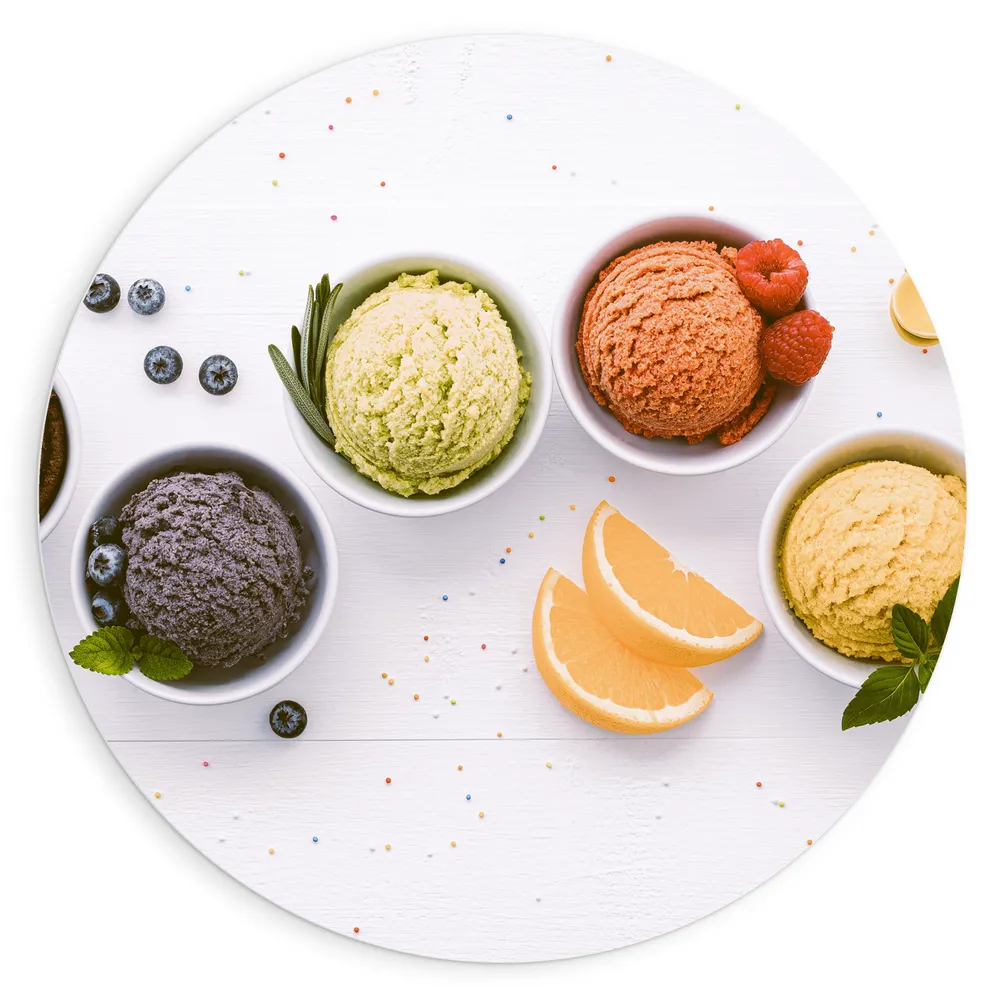 Dibond Muurcirkel - Ijs - Bolletjes - Lepels - Bakjes - Fruit - Bosbessen - Frambozen - Citroen - Chocolade