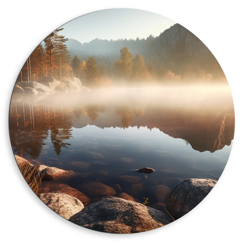Dibond Muurcirkel - Meer - Water - Mist - Bomen - Bossen - Berg