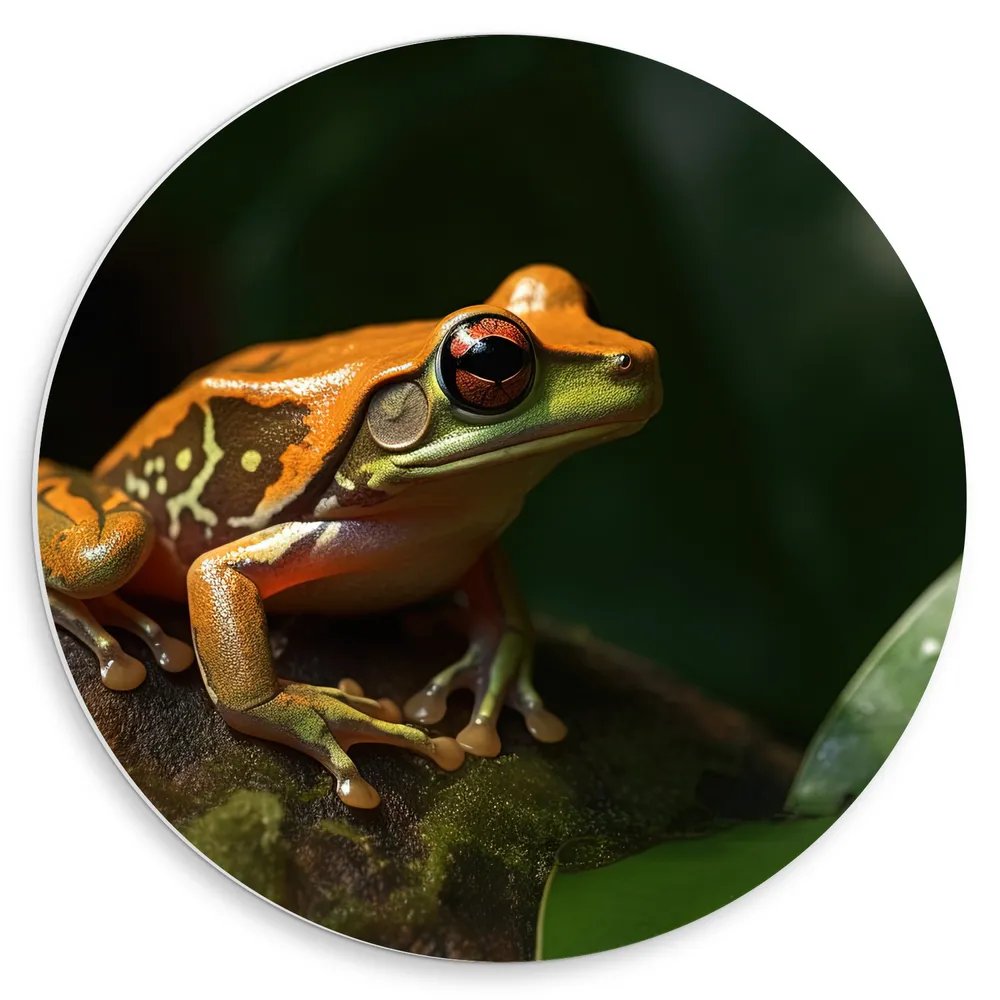 Dibond Muurcirkel - Groen oranje kikker zit op begroeide steen met blad