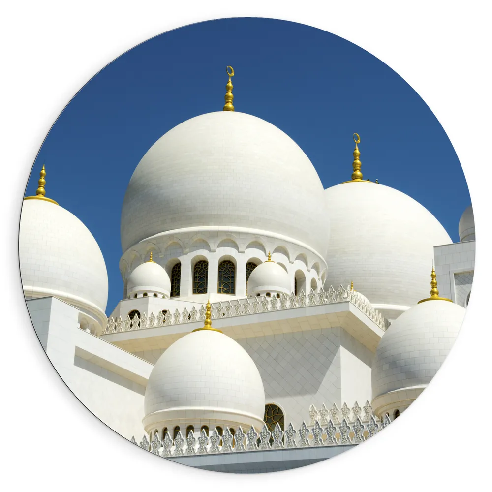 Dibond Muurcirkel - Witte Sjeik Zayed-moskee onder Stralend Blauwe Lucht op Zomerdag in Abu Dhabi