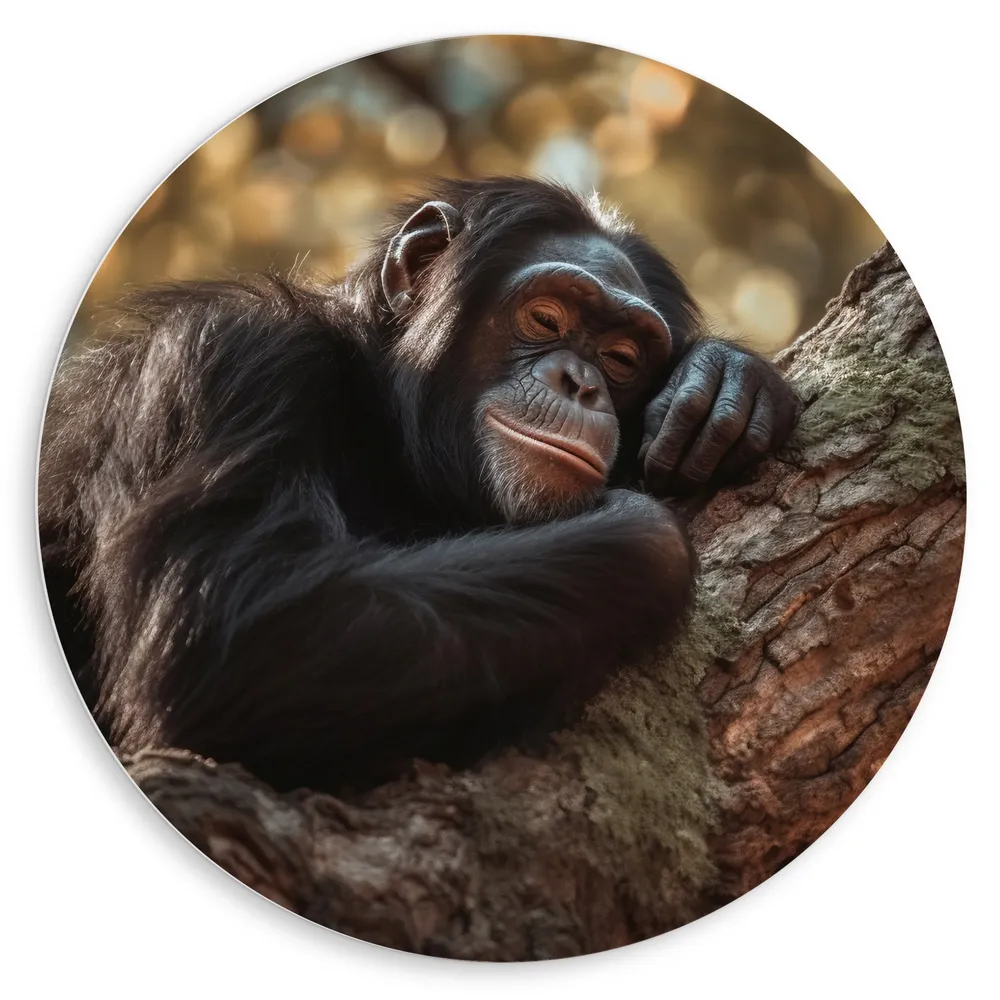 Dibond Muurcirkel - Rustende Chimpansee Aap op Dikke Boomstronk